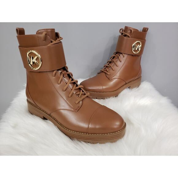 NEW Size 6 MICHAEL KORS Rory Luggage Leather Gold Logo Combat Boots Hiking - Picture 1 of 7